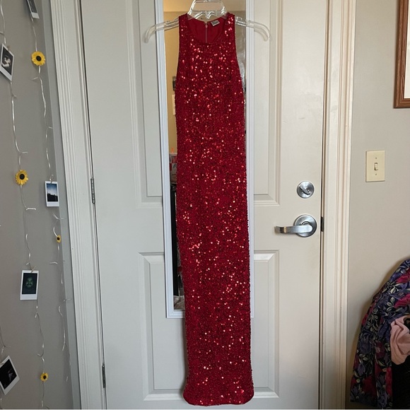 Vintage Scarlett Red 90s Y2K Beaded Formal Evening Gown Leg Slit - Picture 2 of 8